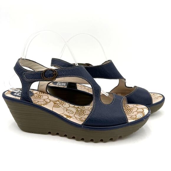 Fly London Shoes - Fly London Blue Leather Yanca Wedge Sandals Heels Size 41 / 10-10.5